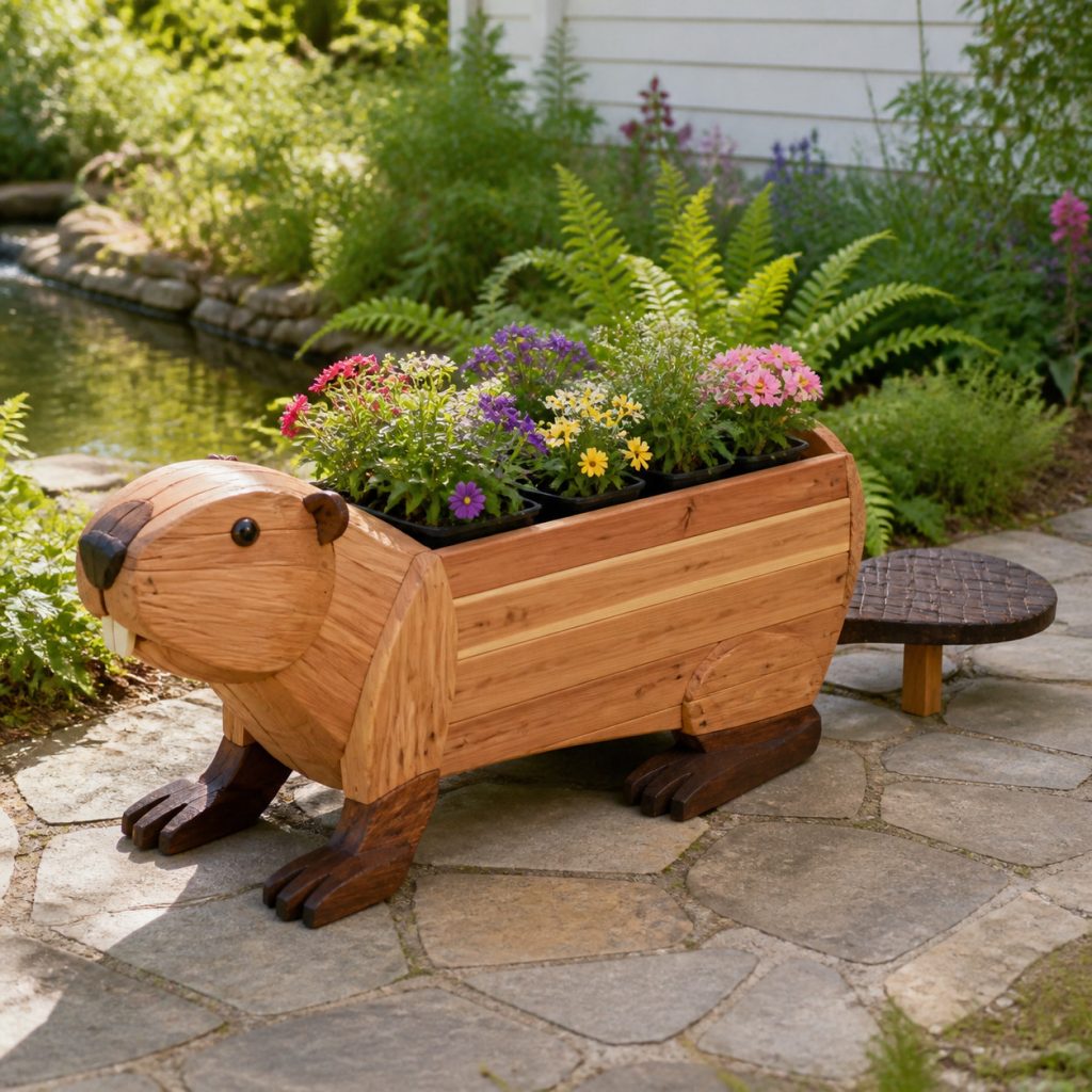 Dark-Tail Two-Tone Beaver shown as a square photorealistic cedar garden planter filled with cottage flowers