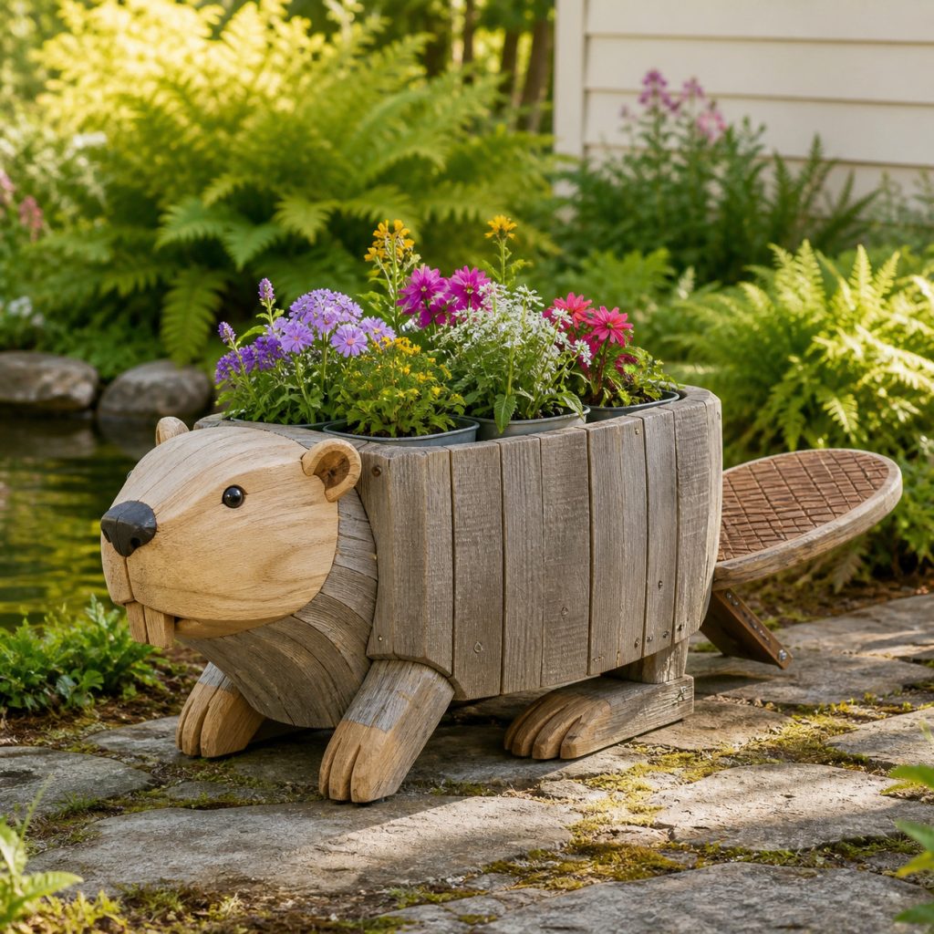 Weathered Pond-Garden Beaver shown as a square photorealistic cedar garden planter filled with cottage flowers
