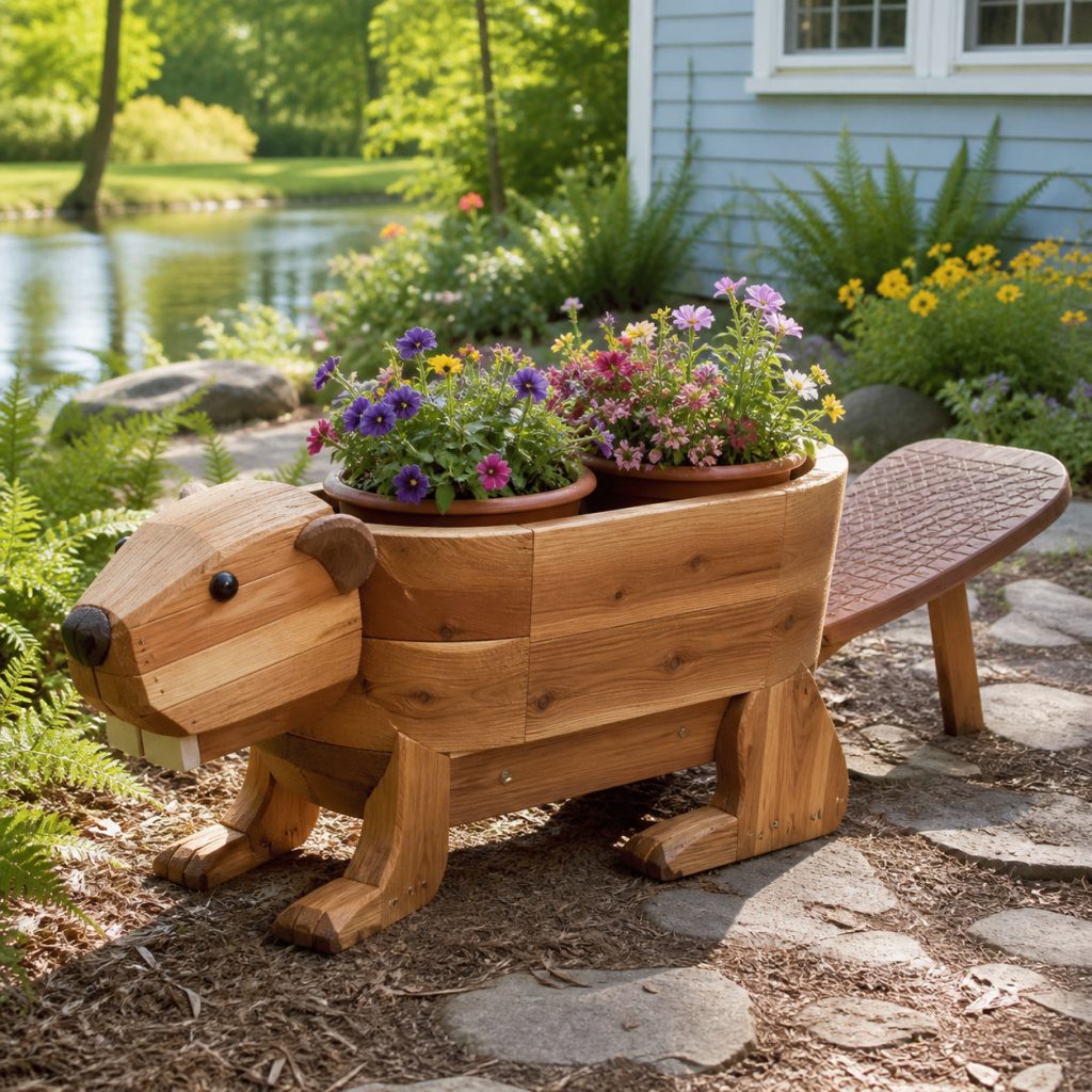 Beaver with Twin Flower Pots shown as a square photorealistic cedar garden planter filled with cottage flowers