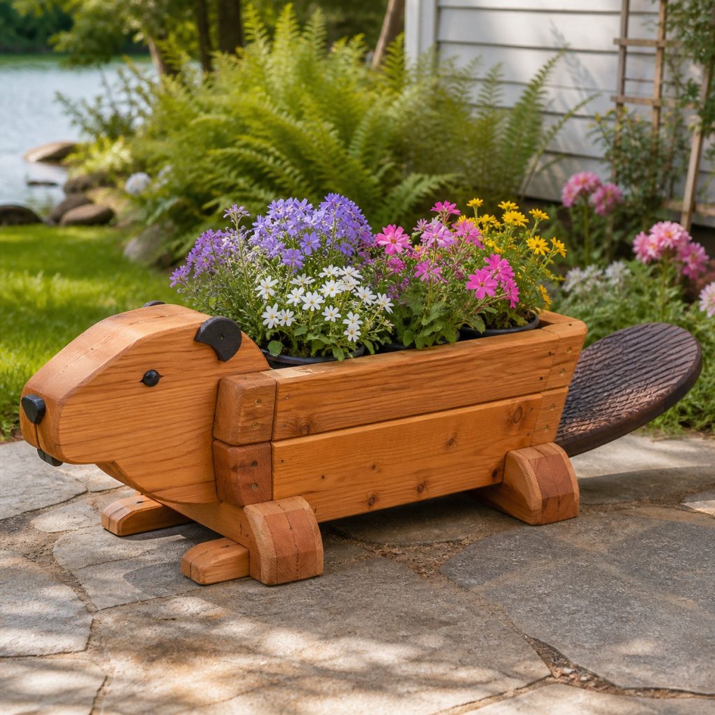 Chunky Timber Beaver Box shown as a square photorealistic cedar garden planter filled with cottage flowers