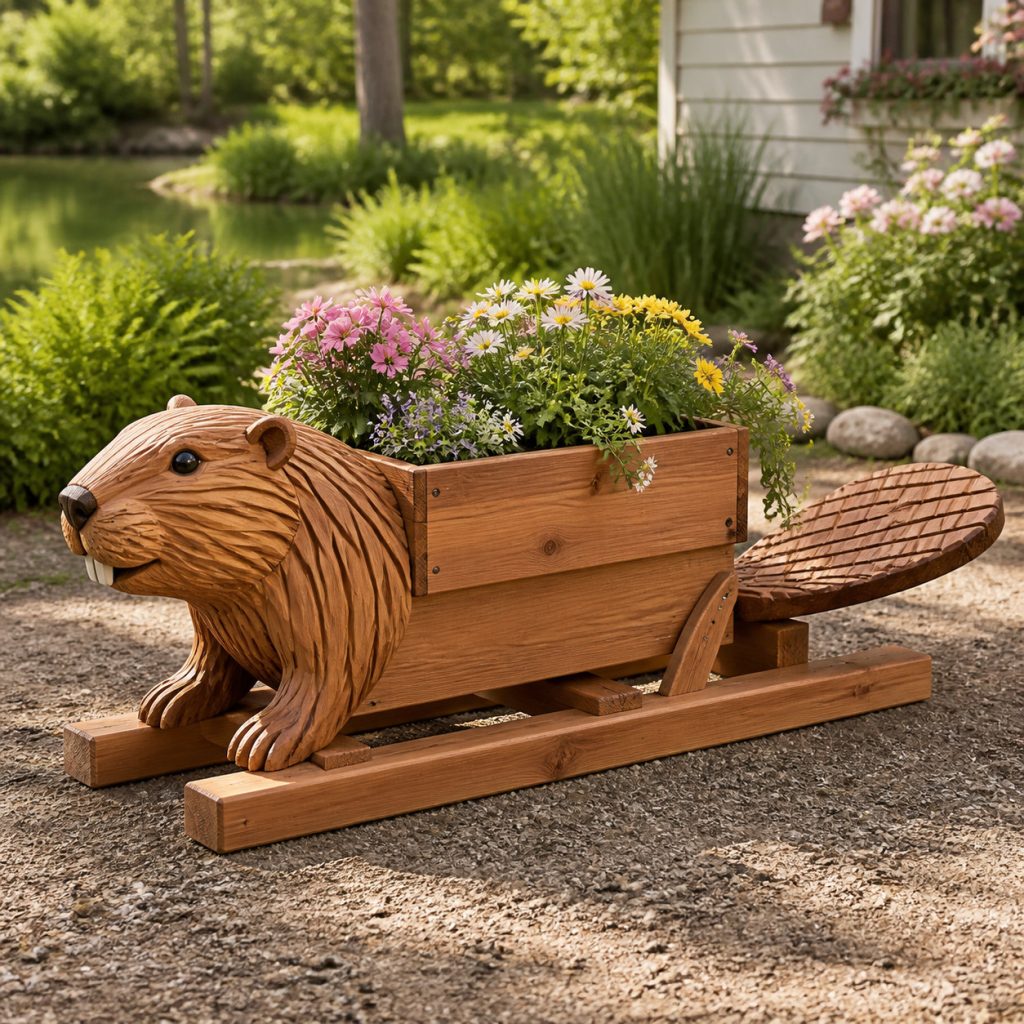 Compact Beaver on Base Rails shown as a square photorealistic cedar garden planter filled with cottage flowers