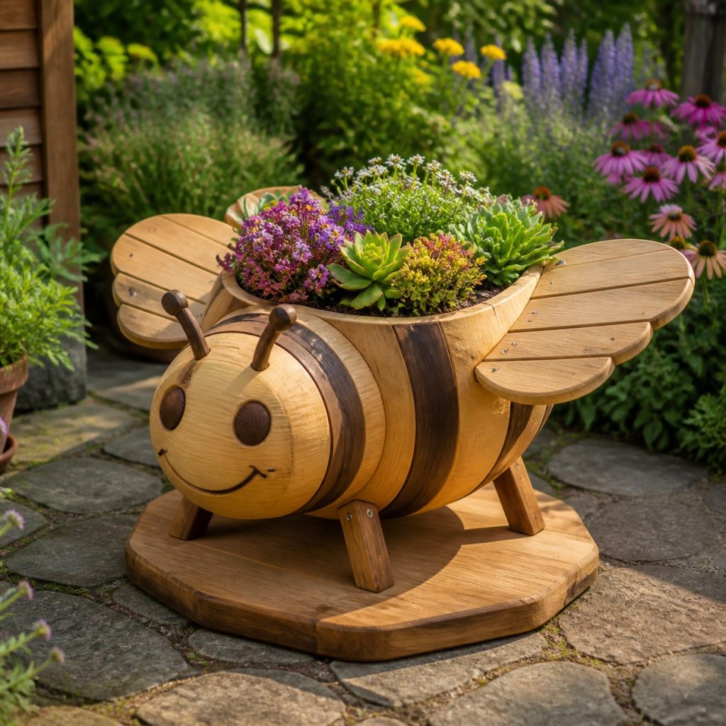 Compact Succulent Bee shown as a square photorealistic cedar bee-shaped garden planter filled with flowers