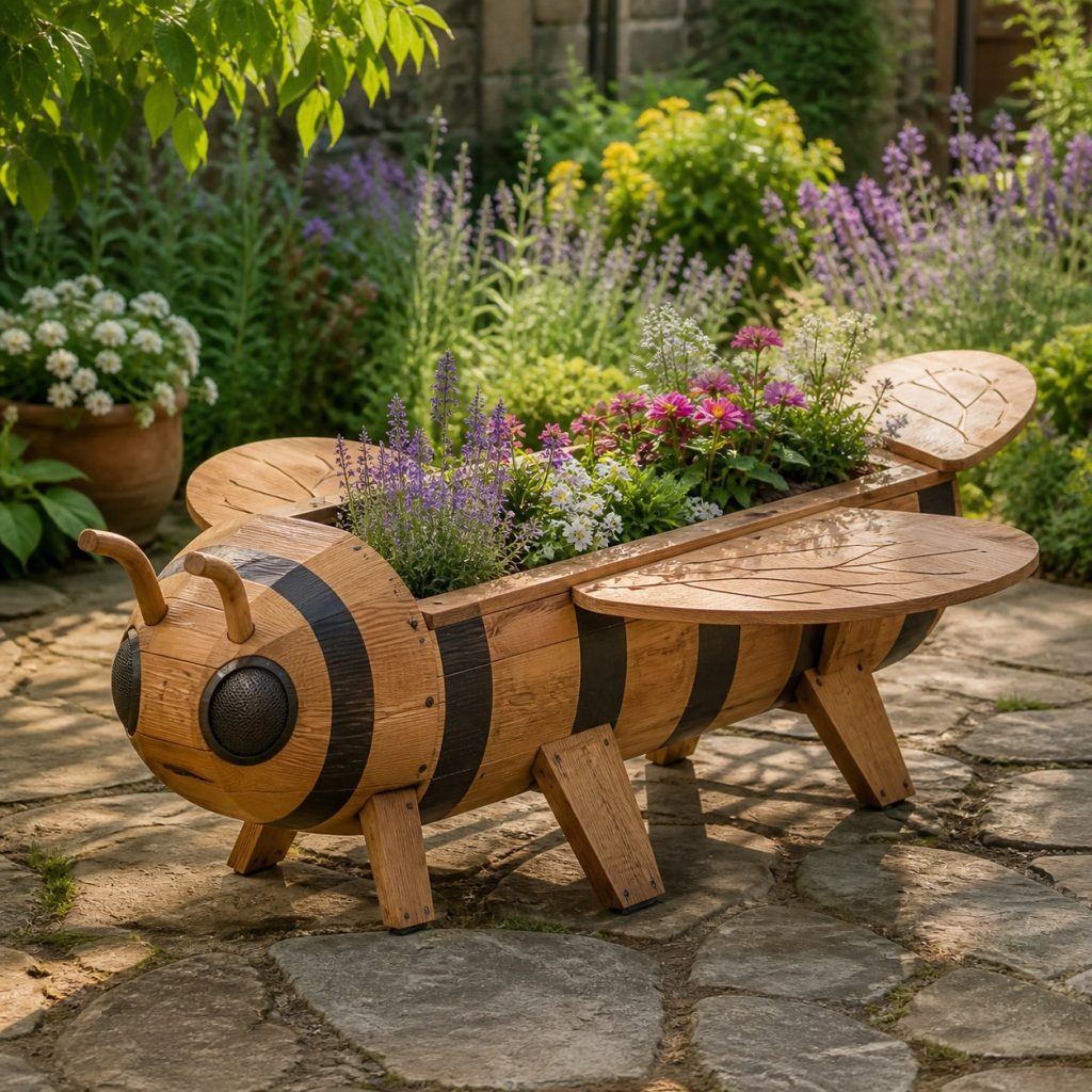 Slatted Herb-Trough Bee shown as a square photorealistic cedar bee-shaped garden planter filled with flowers