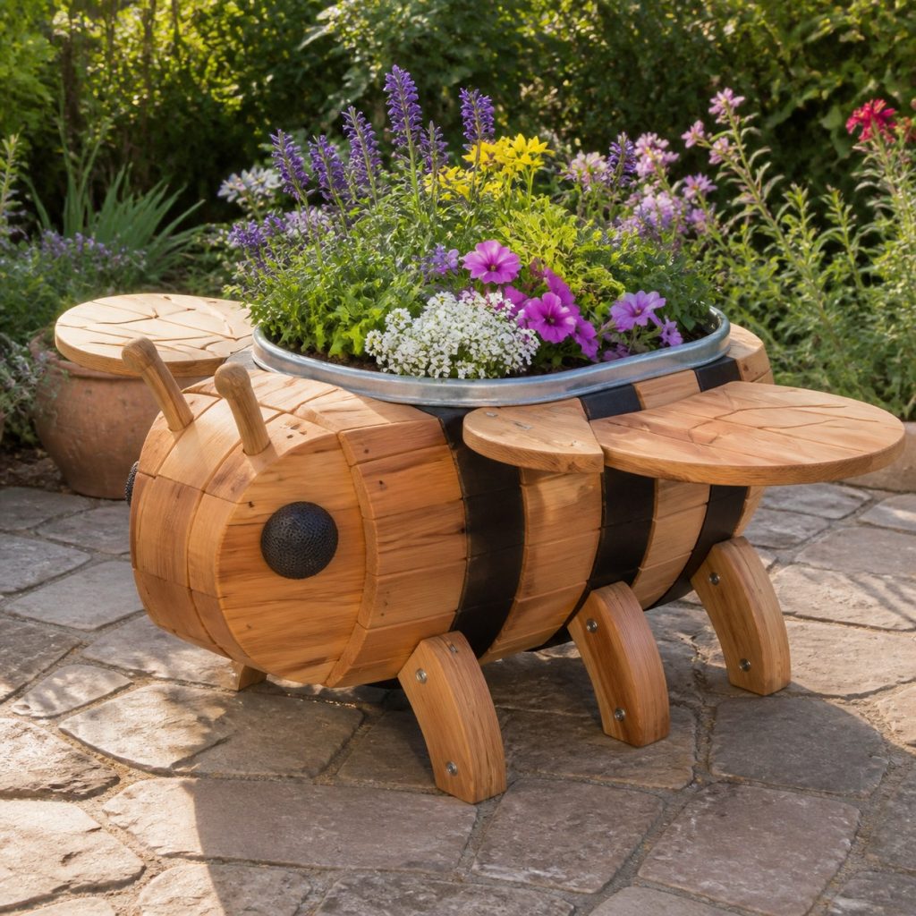 Bee with Galvanized Liner shown as a square photorealistic cedar bee-shaped garden planter filled with flowers