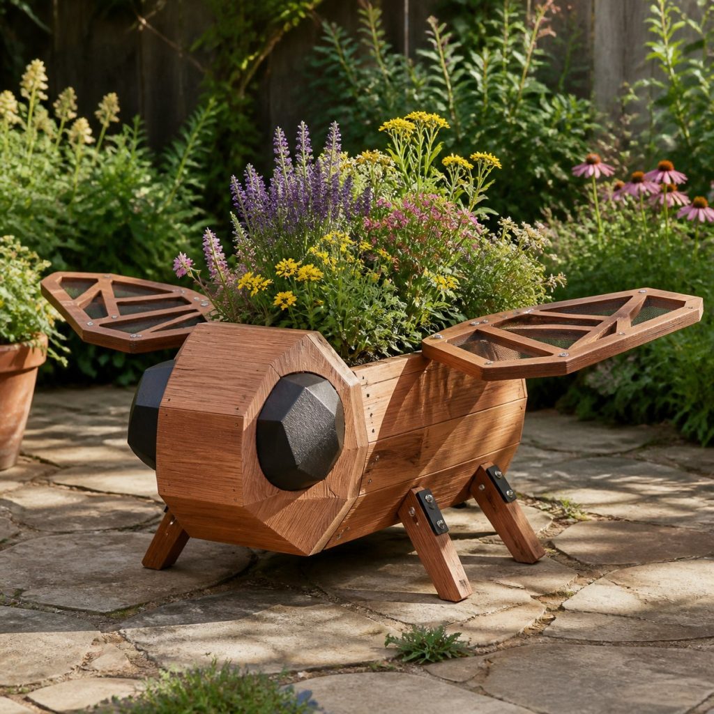 Modern Geometric Bee shown as a square photorealistic cedar bee-shaped garden planter filled with flowers