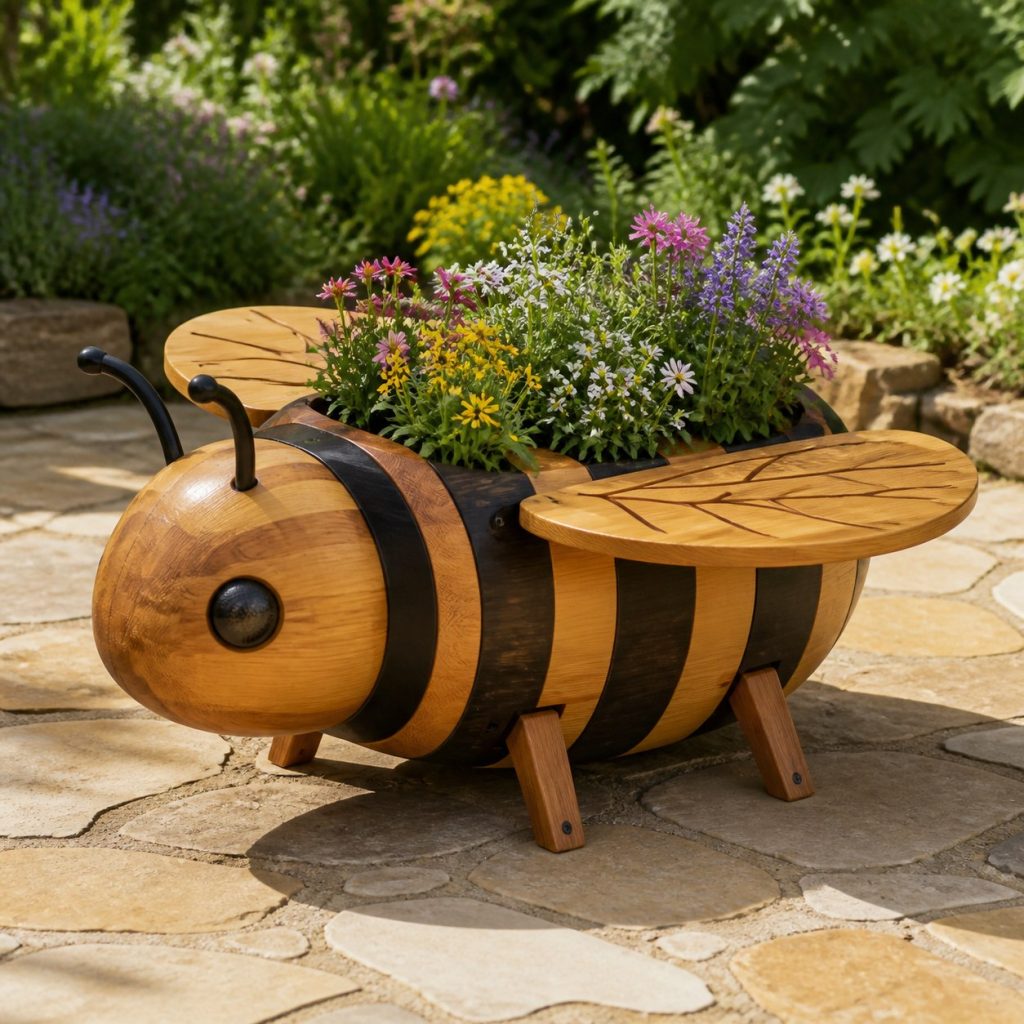 Two-Tone Cedar Bee shown as a square photorealistic cedar bee-shaped garden planter filled with flowers