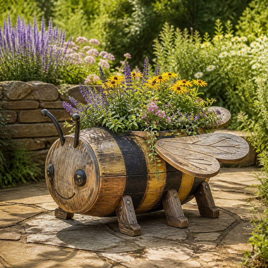 Weathered Cottage Bee shown as a square photorealistic cedar bee-shaped garden planter filled with flowers