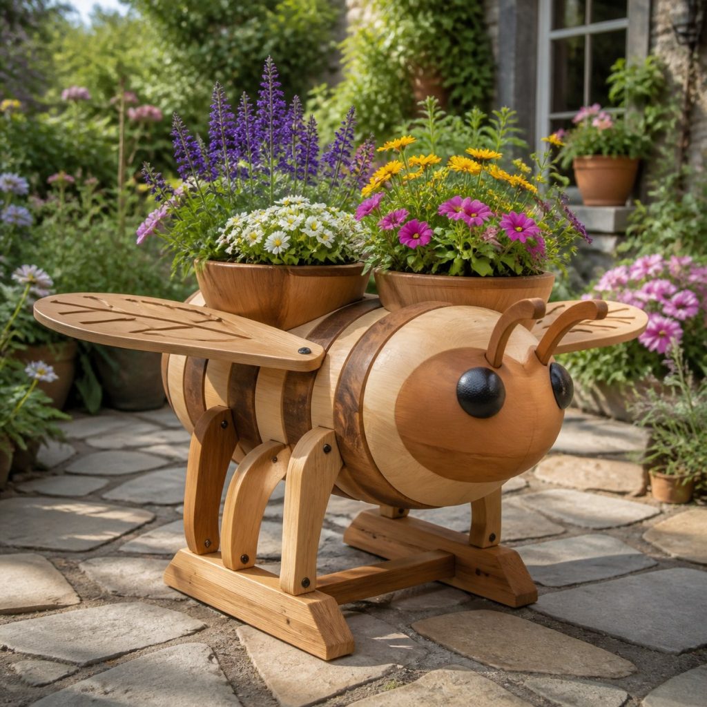 Bee with Twin Flower Pots shown as a square photorealistic cedar bee-shaped garden planter filled with flowers