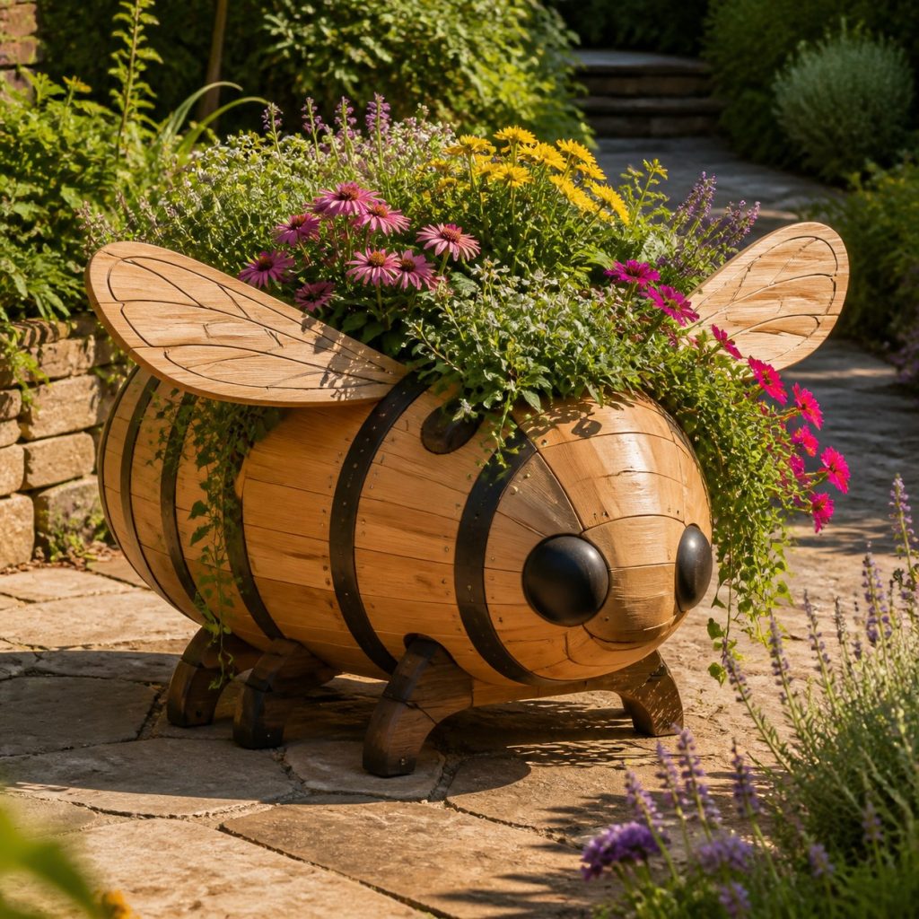 Trailing-Flower Bee shown as a square photorealistic cedar bee-shaped garden planter filled with flowers