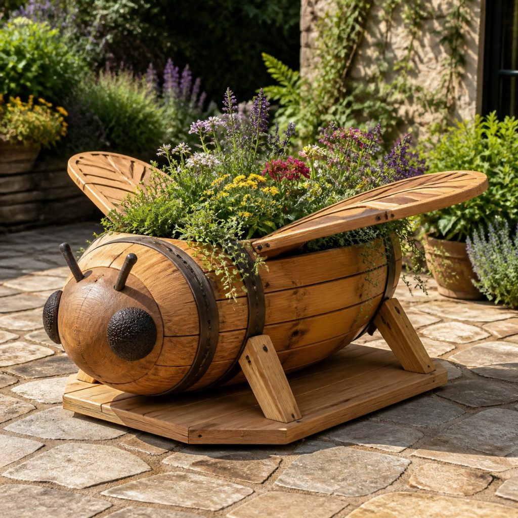 Large Grass-Filled Bee shown as a square photorealistic cedar bee-shaped garden planter filled with flowers