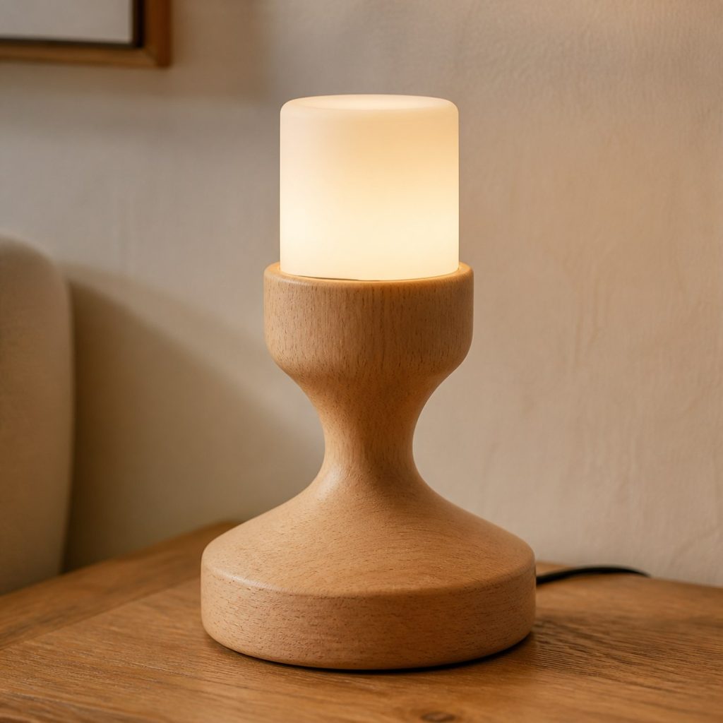 Turned Beech Bedside Lamp shown as an original square photorealistic beech wood lamp with authentic grain, warm diffused light, and a short dark power cord