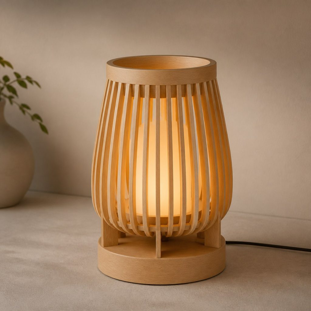 Slatted Beech Lantern Lamp shown as an original square photorealistic beech wood lamp with authentic grain, warm diffused light, and a short dark power cord