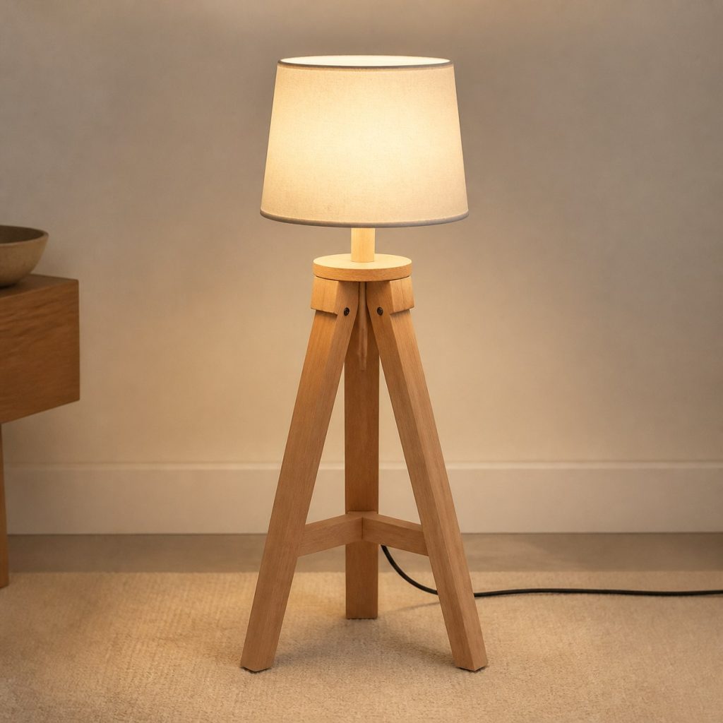 Beech Tripod Floor Lamp shown as an original square photorealistic beech wood lamp with authentic grain, warm diffused light, and a short dark power cord