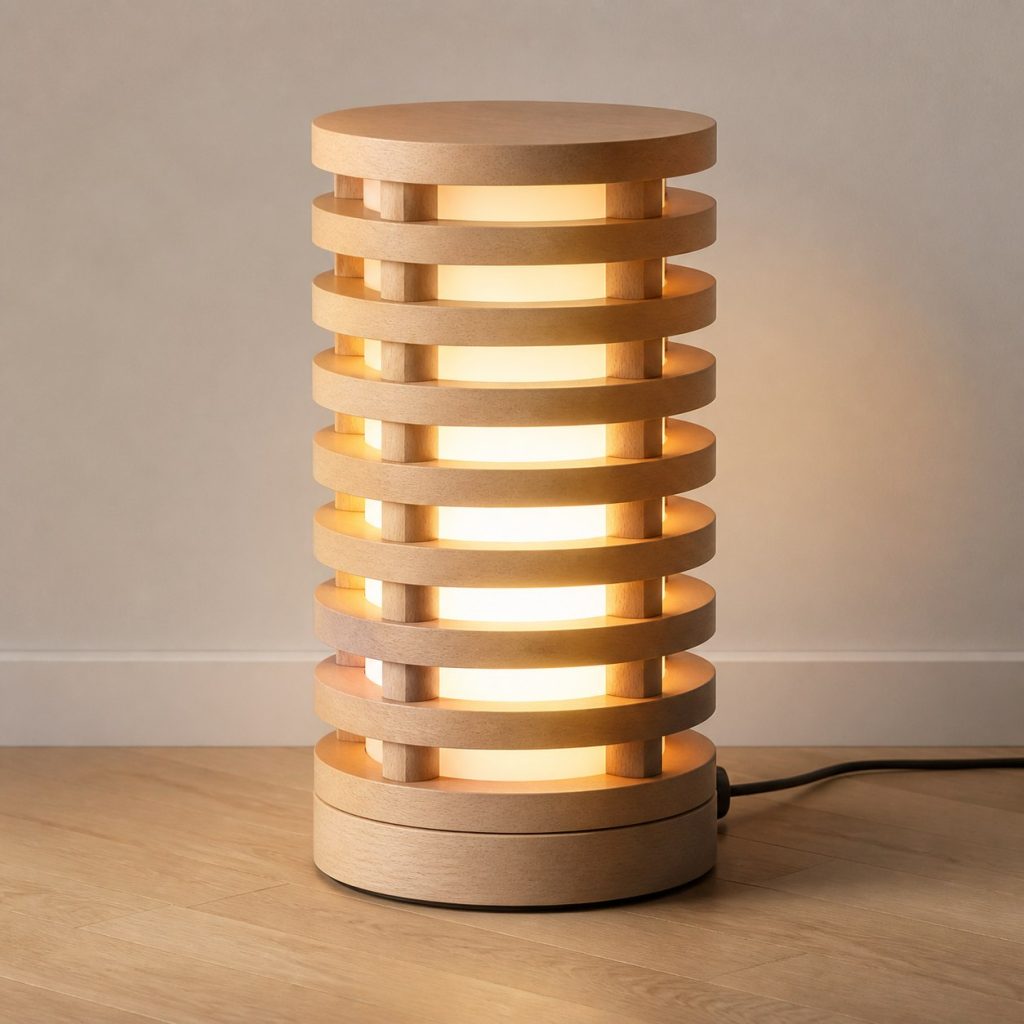 Stacked Beech Ring Lamp shown as an original square photorealistic beech wood lamp with authentic grain, warm diffused light, and a short dark power cord