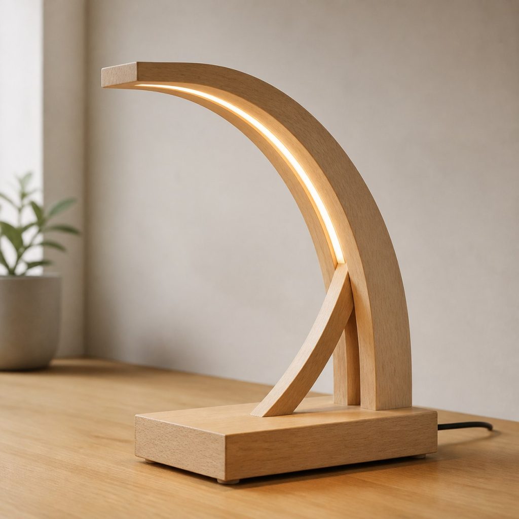 Laminated Beech Arch Lamp shown as an original square photorealistic beech wood lamp with authentic grain, warm diffused light, and a short dark power cord