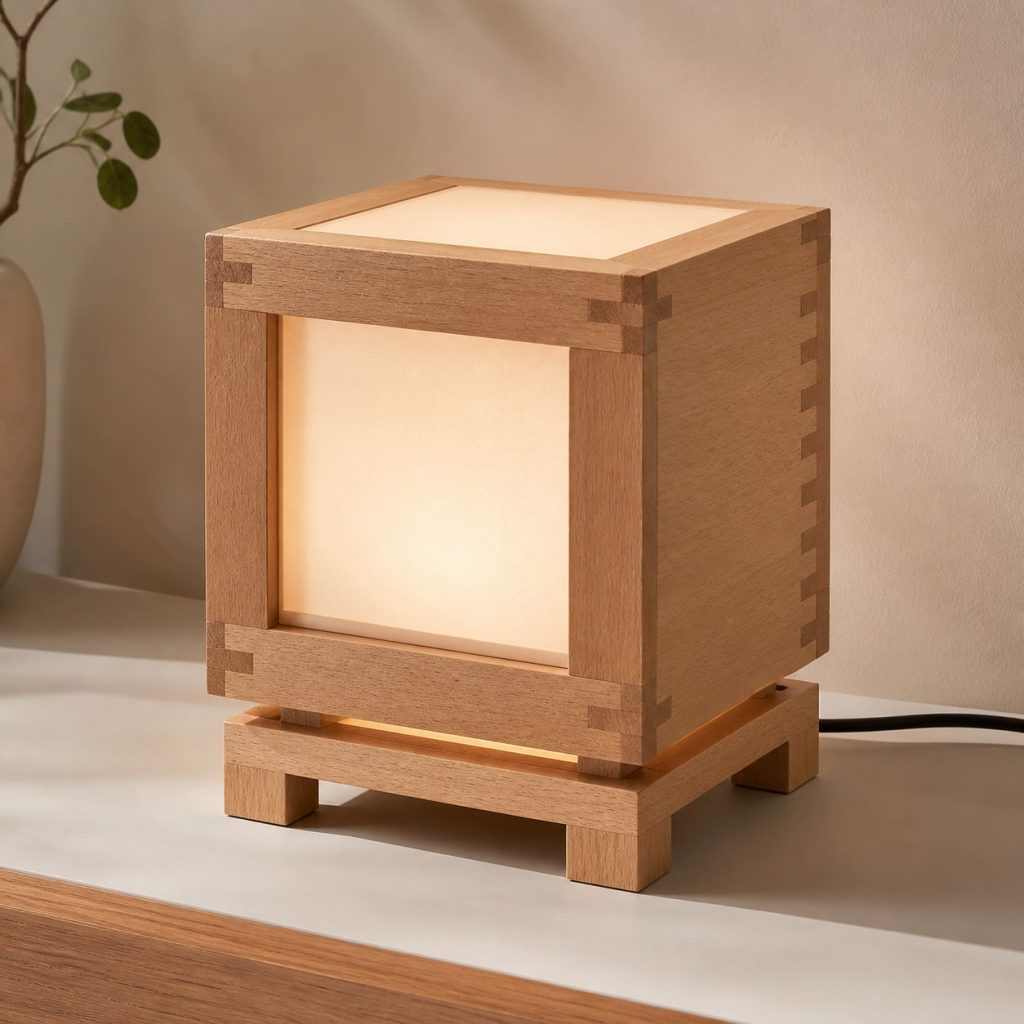 Box-Jointed Beech Cube Lamp shown as an original square photorealistic beech wood lamp with authentic grain, warm diffused light, and a short dark power cord