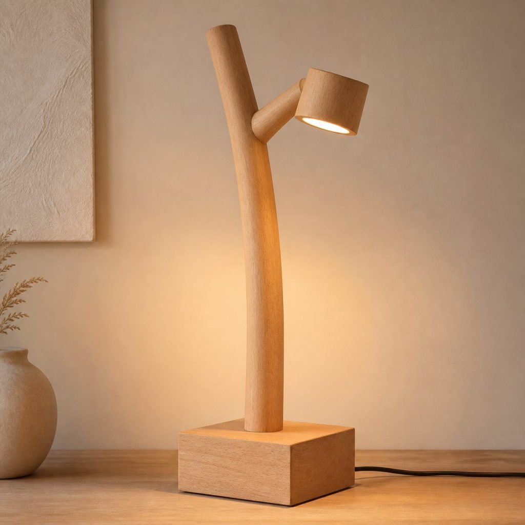 Beech Branch Reading Lamp shown as an original square photorealistic beech wood lamp with authentic grain, warm diffused light, and a short dark power cord