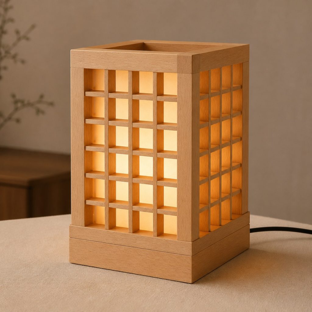 Beech Lattice Lamp shown as an original square photorealistic beech wood lamp with authentic grain, warm diffused light, and a short dark power cord