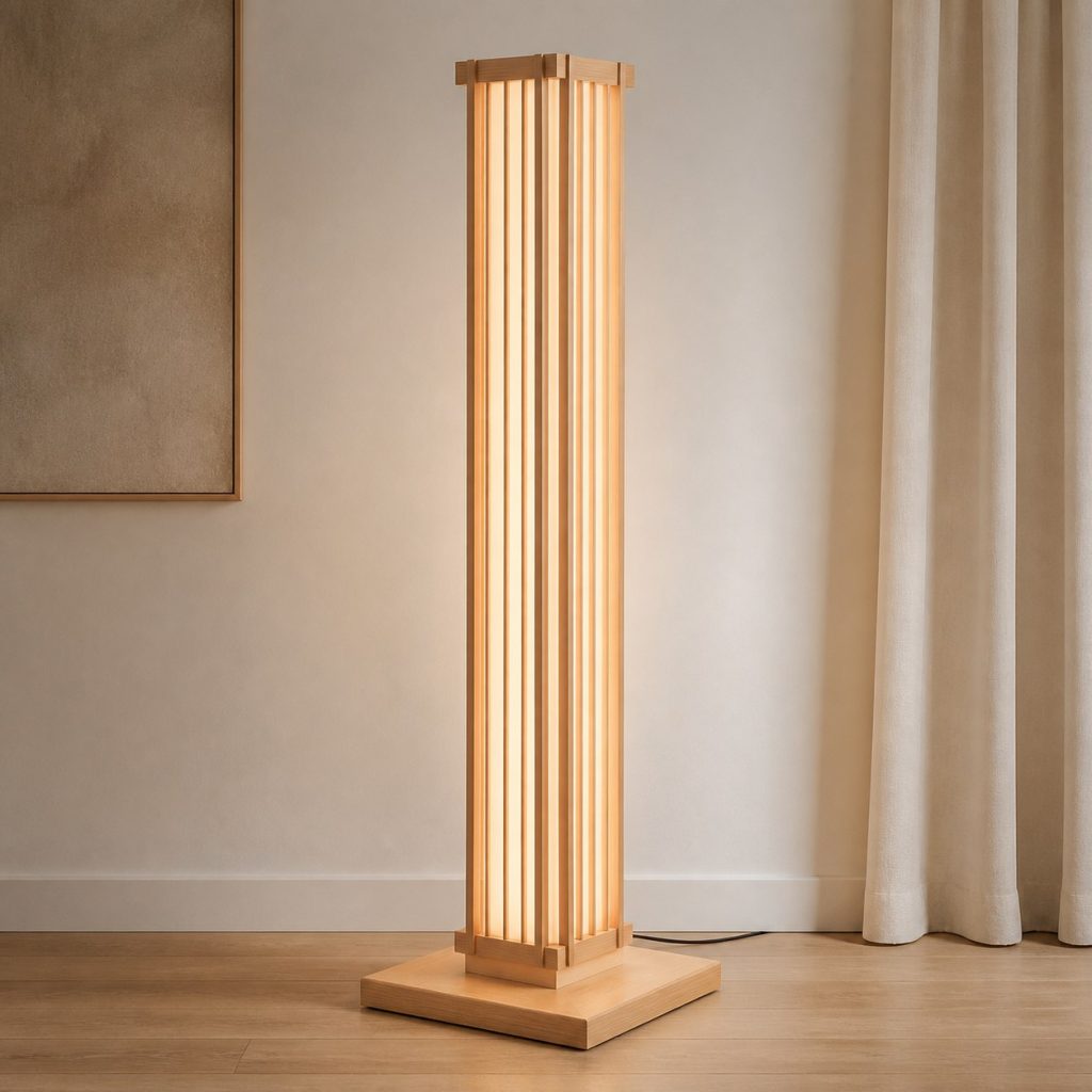 Beech Column Floor Lamp shown as an original square photorealistic beech wood lamp with authentic grain, warm diffused light, and a short dark power cord