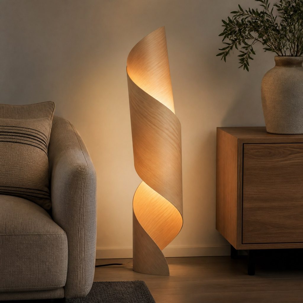 Plywood Ribbon Floor Lamp shown as an original square photorealistic bentwood lamp with authentic wood texture, warm diffused light, and a short dark power cord