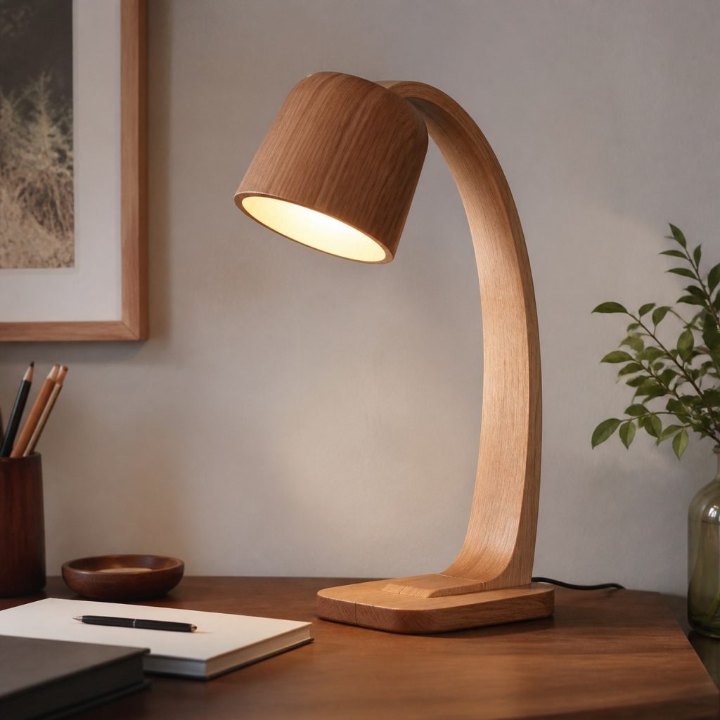 Bentwood Arch-Neck Desk Lamp shown as an original square photorealistic bentwood lamp with authentic wood texture, warm diffused light, and a short dark power cord