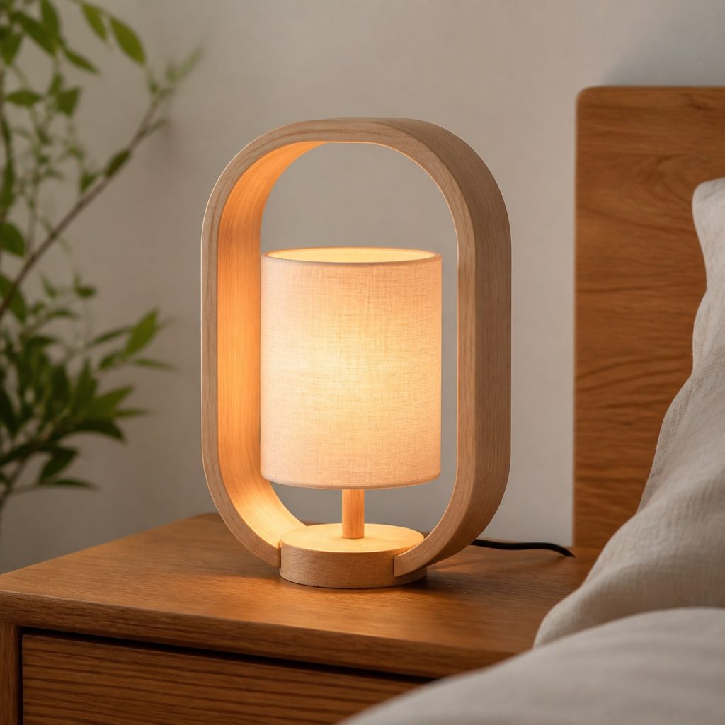 Oval Bentwood Bedside Lamp shown as an original square photorealistic bentwood lamp with authentic wood texture, warm diffused light, and a short dark power cord