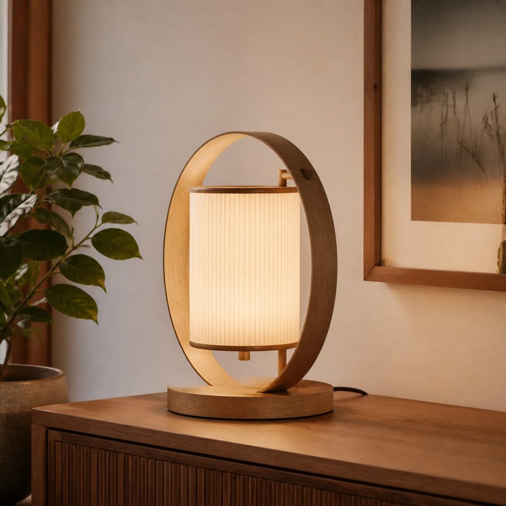 Bentwood Hoop Accent Lamp shown as an original square photorealistic bentwood lamp with authentic wood texture, warm diffused light, and a short dark power cord