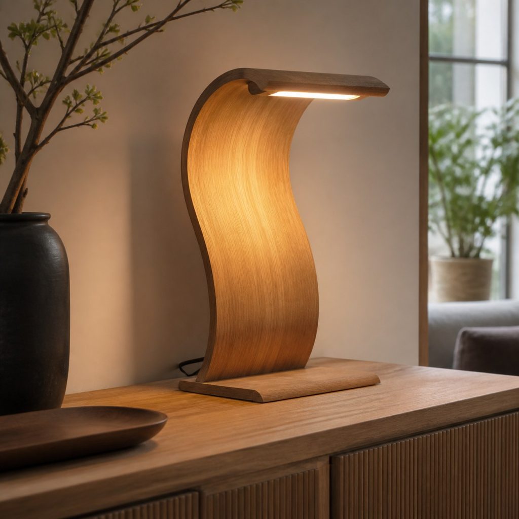 Bentwood Wave Console Lamp shown as an original square photorealistic bentwood lamp with authentic wood texture, warm diffused light, and a short dark power cord
