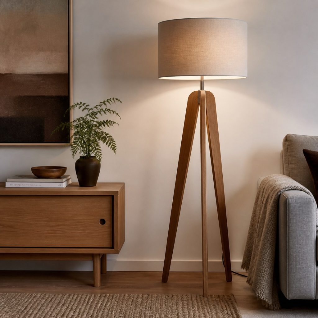 Bentwood Tripod Floor Lamp shown as an original square photorealistic bentwood lamp with authentic wood texture, warm diffused light, and a short dark power cord