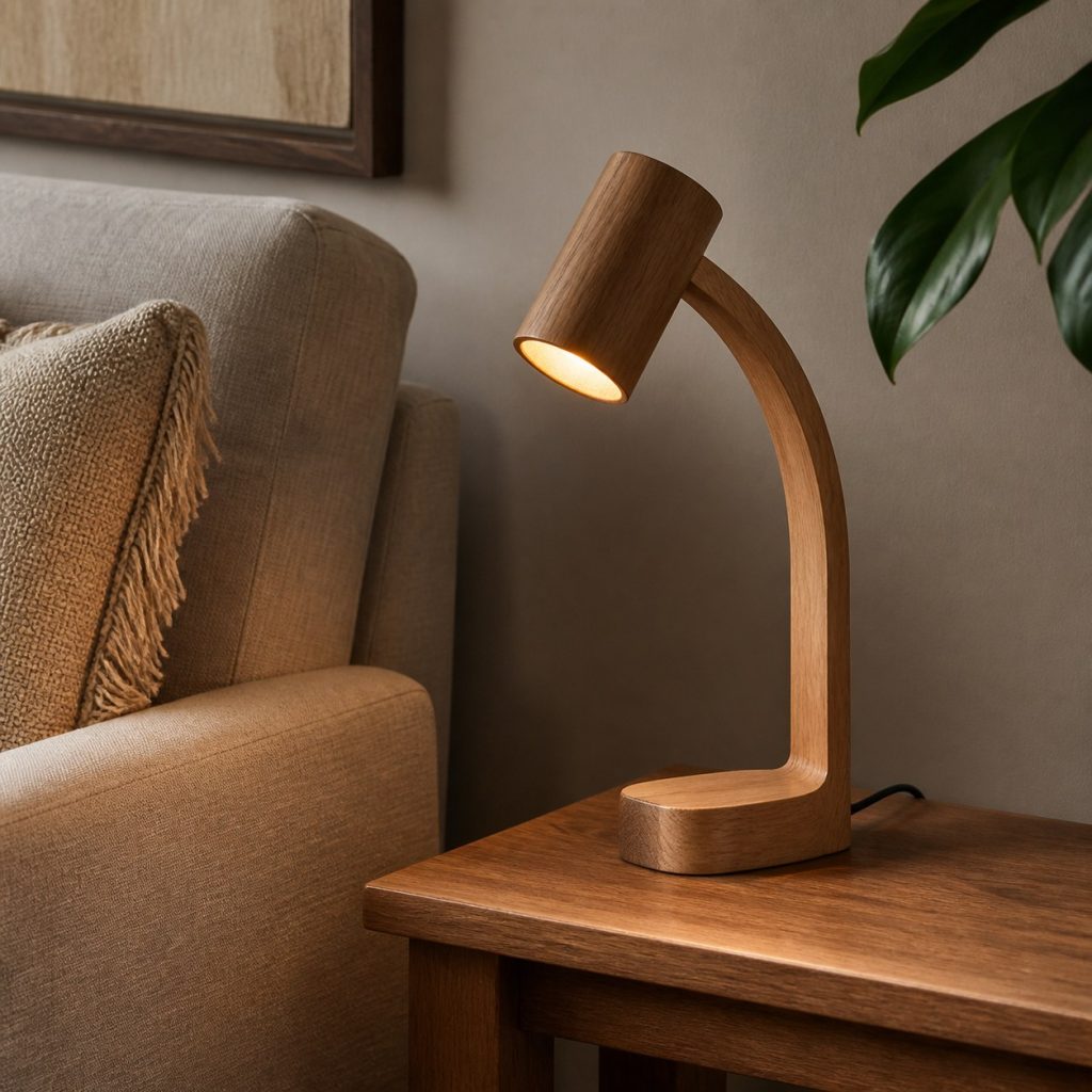 Compact Bentwood Reading Lamp shown as an original square photorealistic bentwood lamp with authentic wood texture, warm diffused light, and a short dark power cord