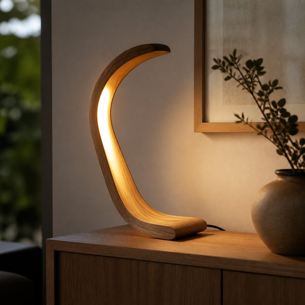 Double-Curve Bentwood Lamp shown as an original square photorealistic bentwood lamp with authentic wood texture, warm diffused light, and a short dark power cord