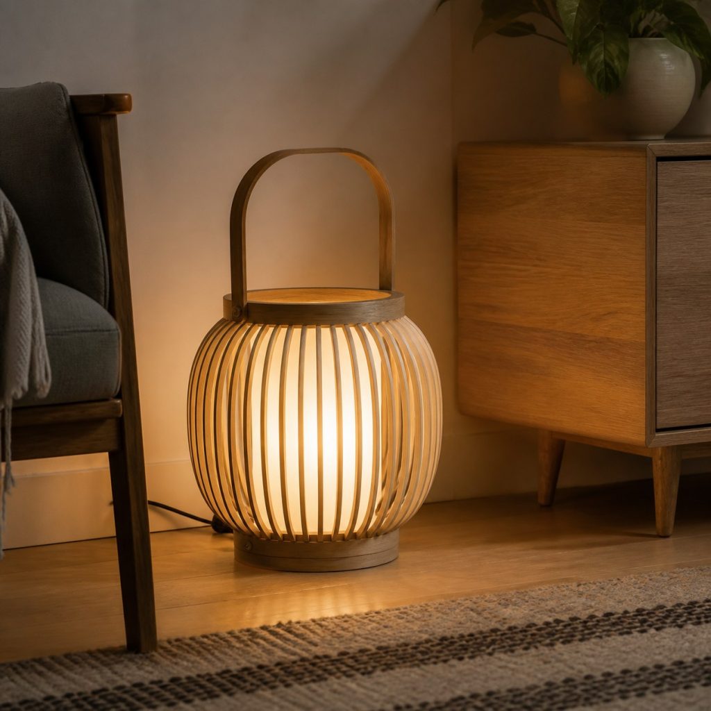 Slatted Bentwood Lantern shown as an original square photorealistic bentwood lamp with authentic wood texture, warm diffused light, and a short dark power cord