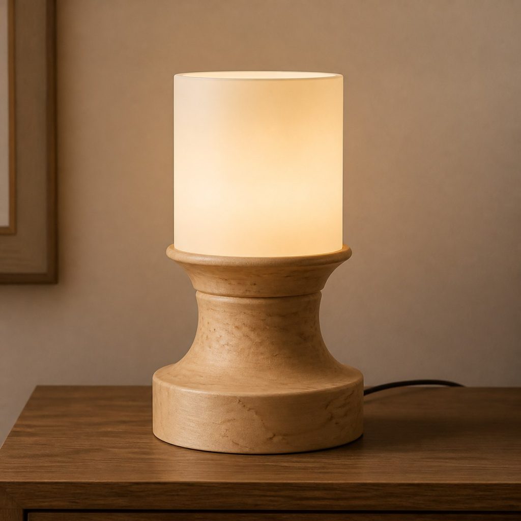 Turned Birch Bedside Lamp shown as an original square photorealistic birch wood lamp with authentic grain, warm diffused light, and a short dark power cord