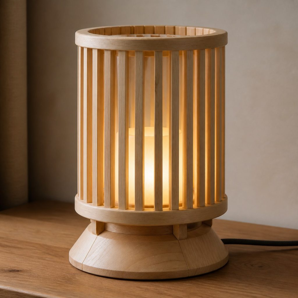 Round Slatted Birch Lantern shown as an original square photorealistic birch wood lamp with authentic grain, warm diffused light, and a short dark power cord