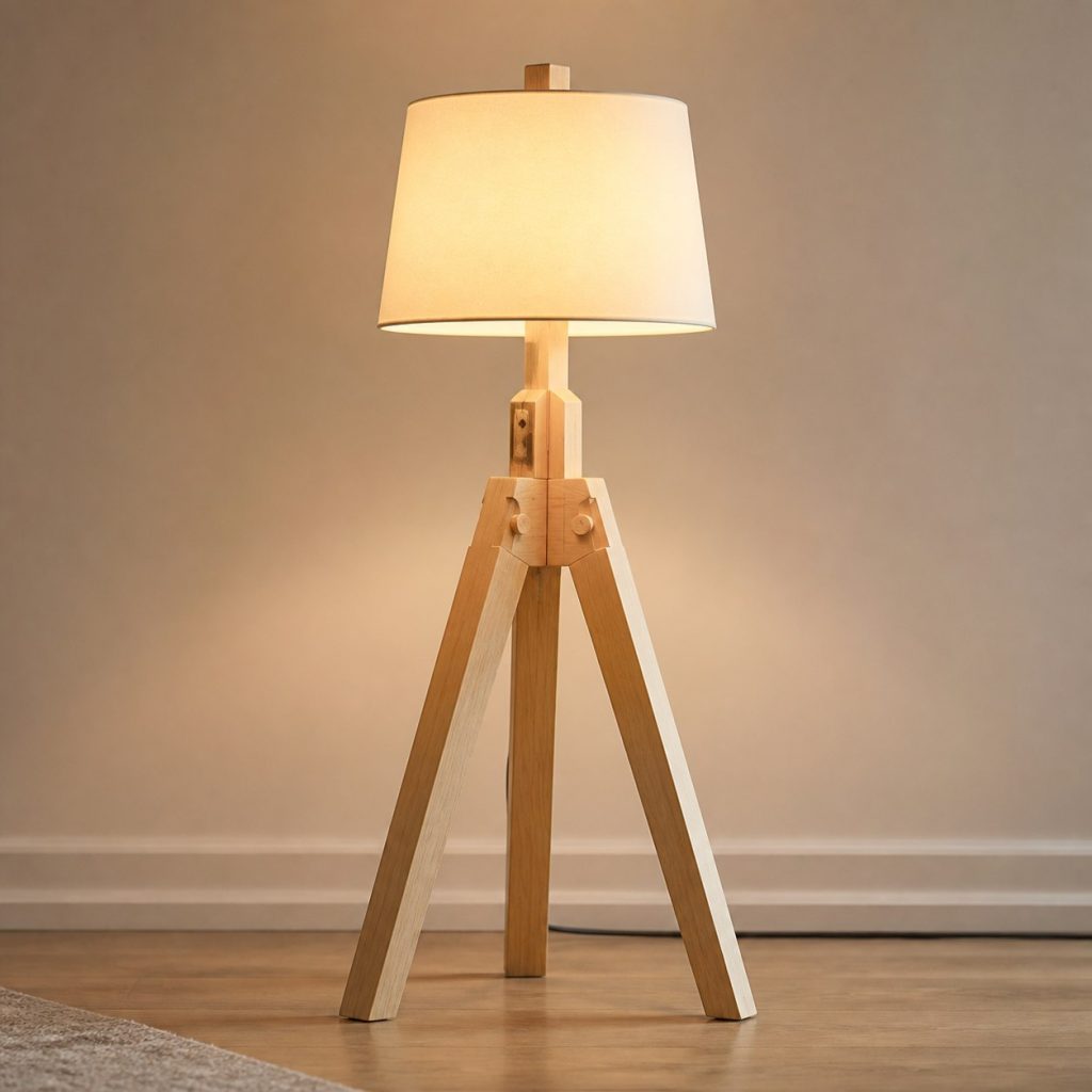 Birch Tripod Floor Lamp shown as an original square photorealistic birch wood lamp with authentic grain, warm diffused light, and a short dark power cord