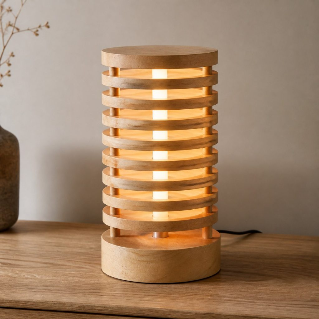 Stacked Birch Ring Lamp shown as an original square photorealistic birch wood lamp with authentic grain, warm diffused light, and a short dark power cord
