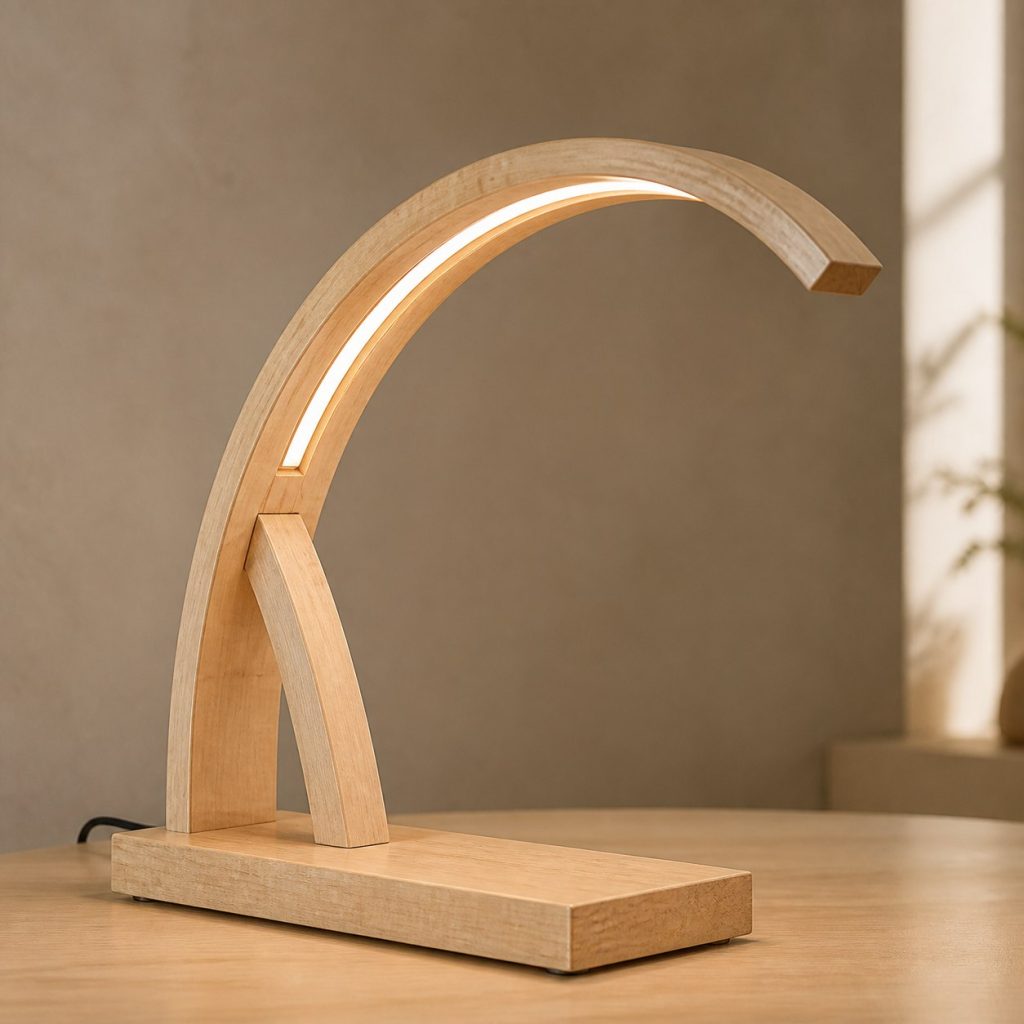 Laminated Birch Arch Lamp shown as an original square photorealistic birch wood lamp with authentic grain, warm diffused light, and a short dark power cord