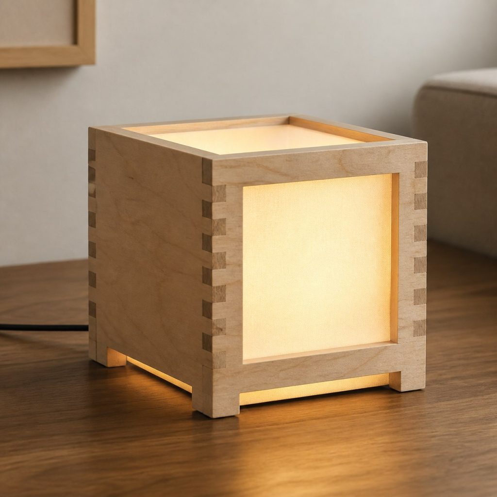 Box-Jointed Birch Cube Lamp shown as an original square photorealistic birch wood lamp with authentic grain, warm diffused light, and a short dark power cord