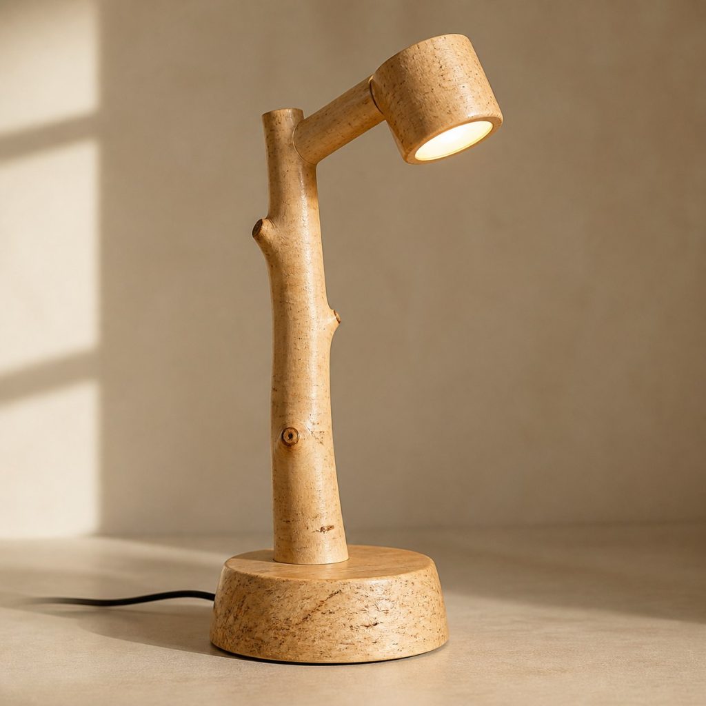 Birch Branch Reading Lamp shown as an original square photorealistic birch wood lamp with authentic grain, warm diffused light, and a short dark power cord