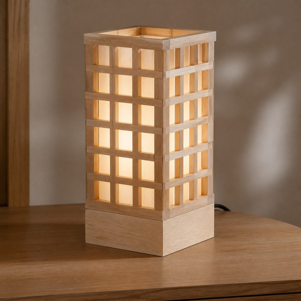 Birch Lattice Lamp shown as an original square photorealistic birch wood lamp with authentic grain, warm diffused light, and a short dark power cord