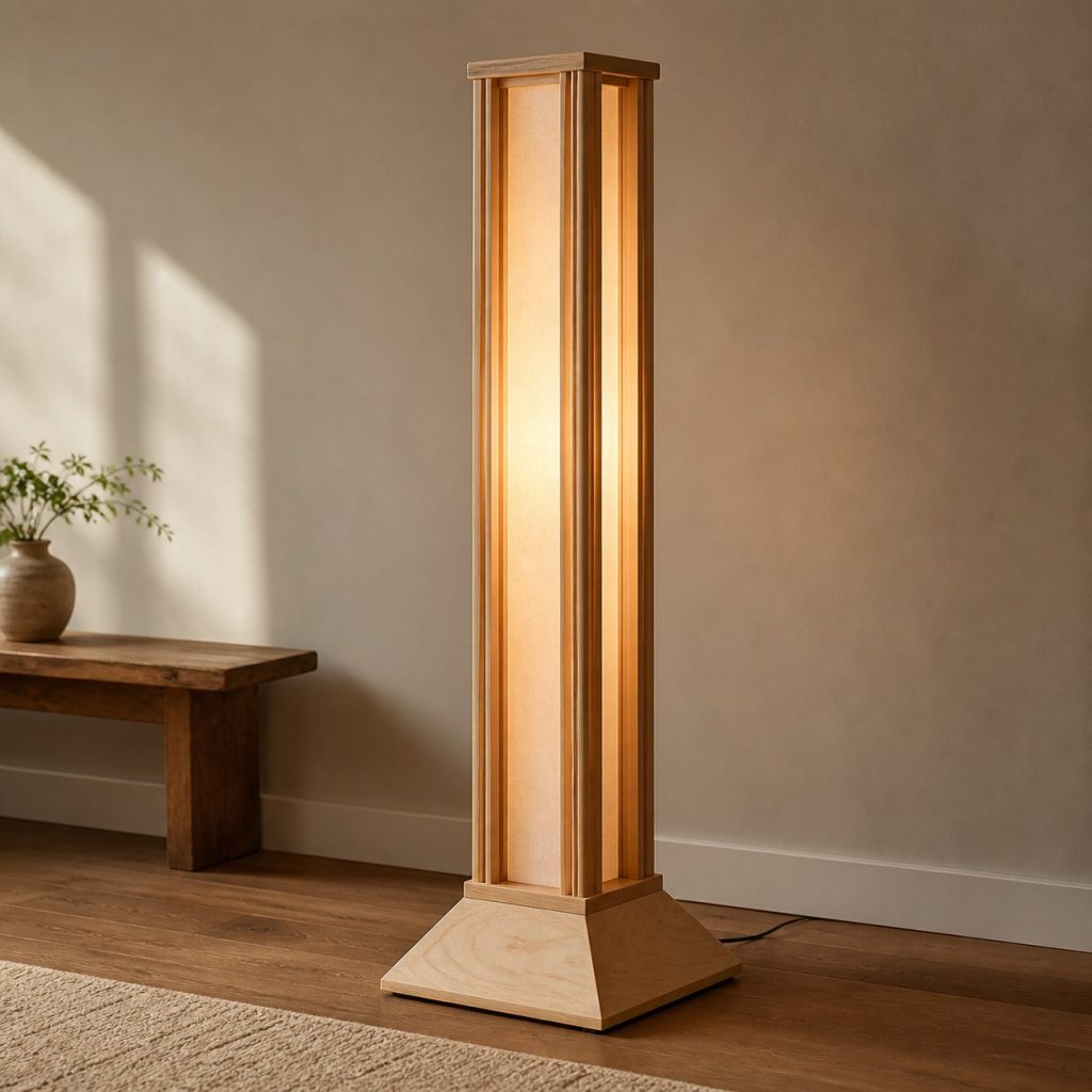 Birch Column Floor Lamp shown as an original square photorealistic birch wood lamp with authentic grain, warm diffused light, and a short dark power cord