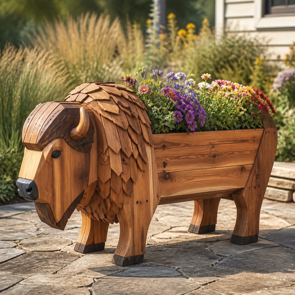 Classic Cedar Garden Bison shown as a square photorealistic cedar garden planter filled with cottage flowers