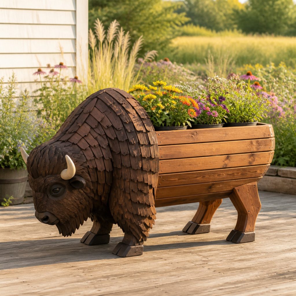 Low Prairie Bison Trough shown as a square photorealistic cedar garden planter filled with cottage flowers