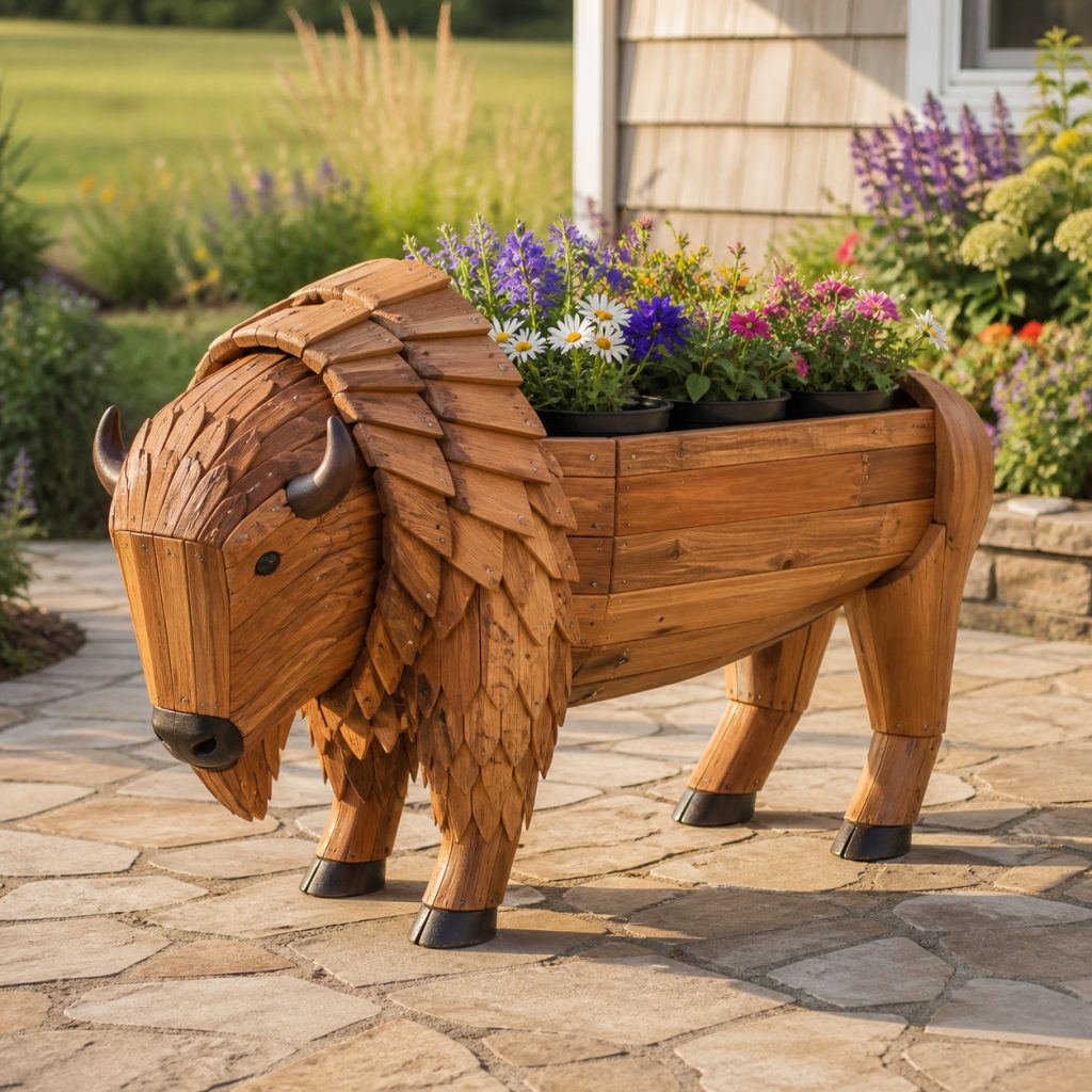 Layered-Shoulder Bison shown as a square photorealistic cedar garden planter filled with cottage flowers