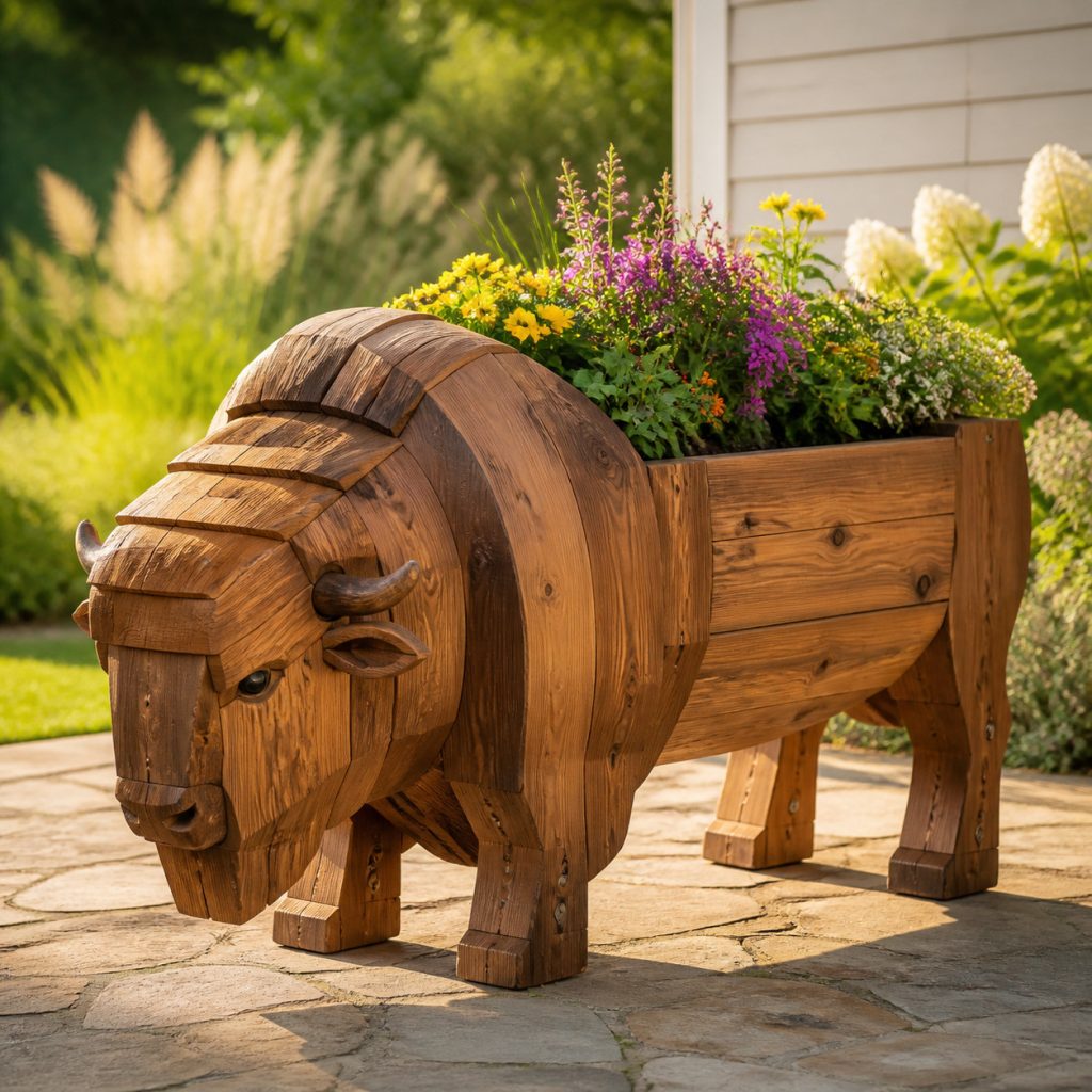 Chunky Timber Buffalo Planter shown as a square photorealistic cedar garden planter filled with cottage flowers