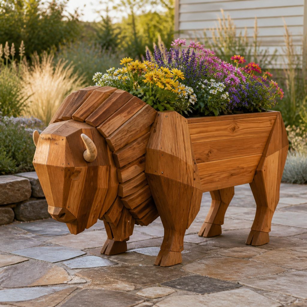 Modern Geometric Bison shown as a square photorealistic cedar garden planter filled with cottage flowers