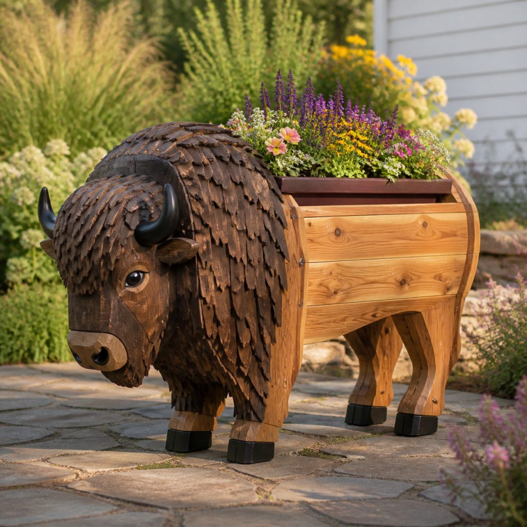 Dark-Faced Two-Tone Bison shown as a square photorealistic cedar garden planter filled with cottage flowers