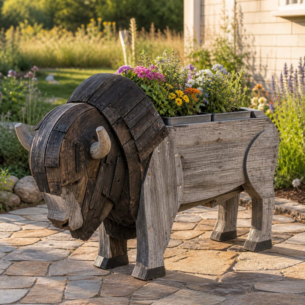Weathered Rustic Bison shown as a square photorealistic cedar garden planter filled with cottage flowers