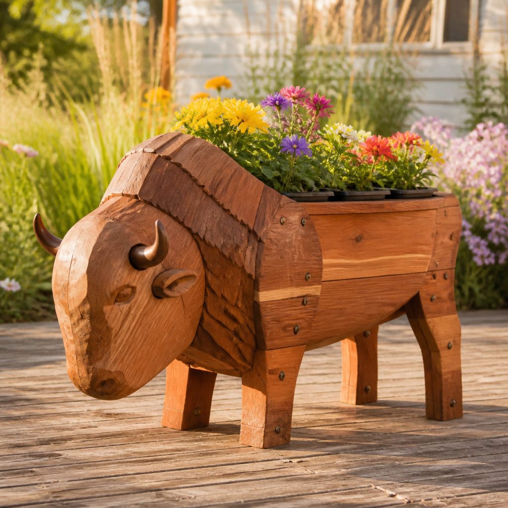 Compact Bison Calf Planter shown as a square photorealistic cedar garden planter filled with cottage flowers