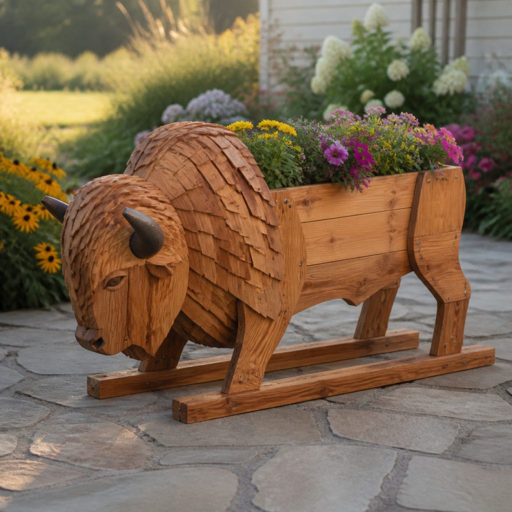 Broad-Base Horned Bison shown as a square photorealistic cedar garden planter filled with cottage flowers